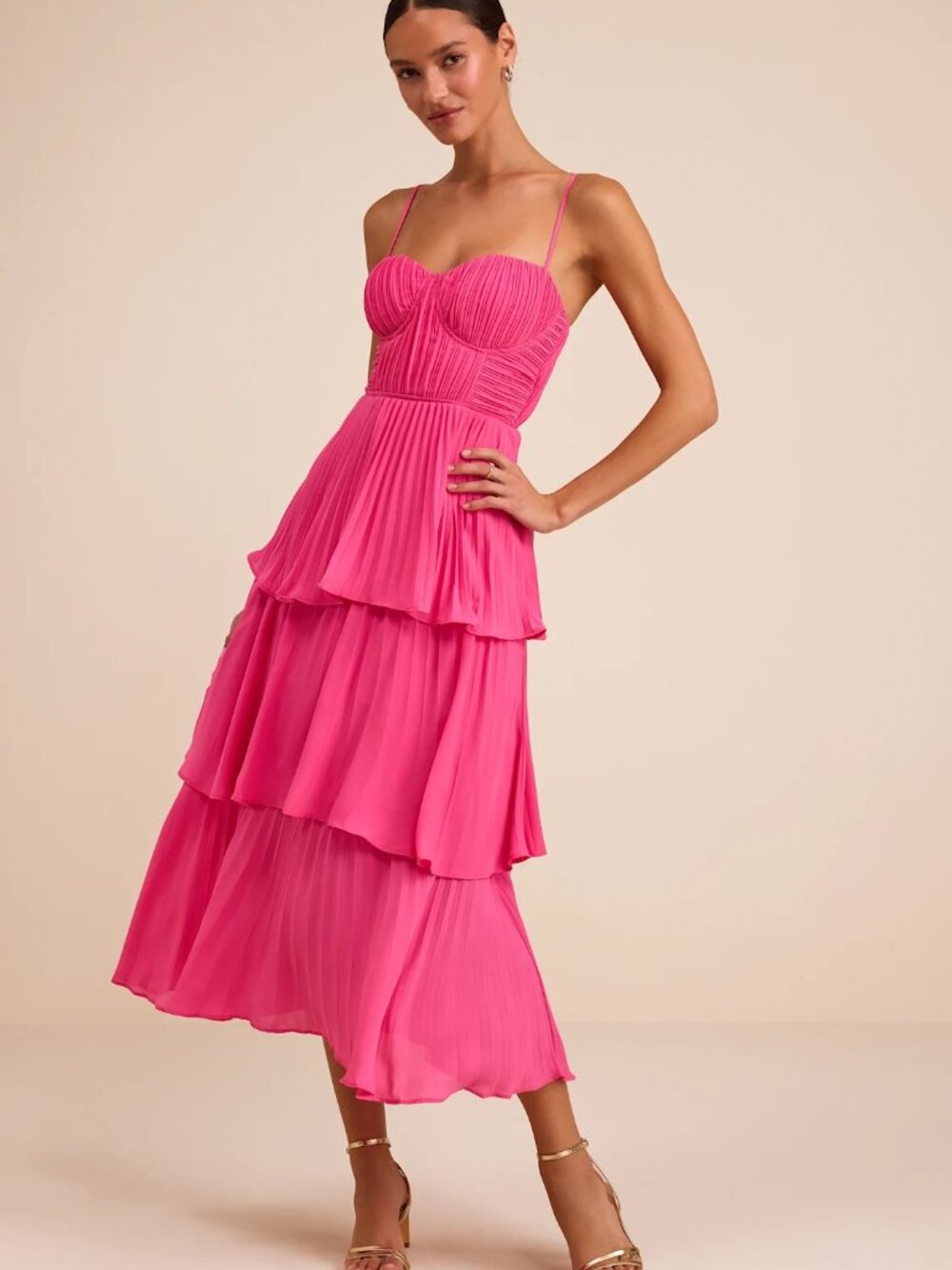 Lulu's Hot Pink Tiered Chiffon Midi Dress